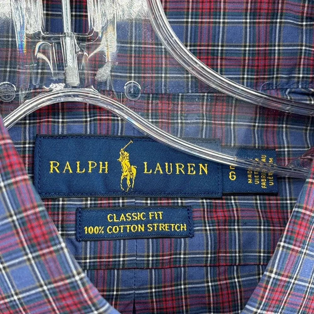 Ralph Lauren Shirt Mens Large Blue Red Plaid Button Up Tartan Cotton‎ Stretch